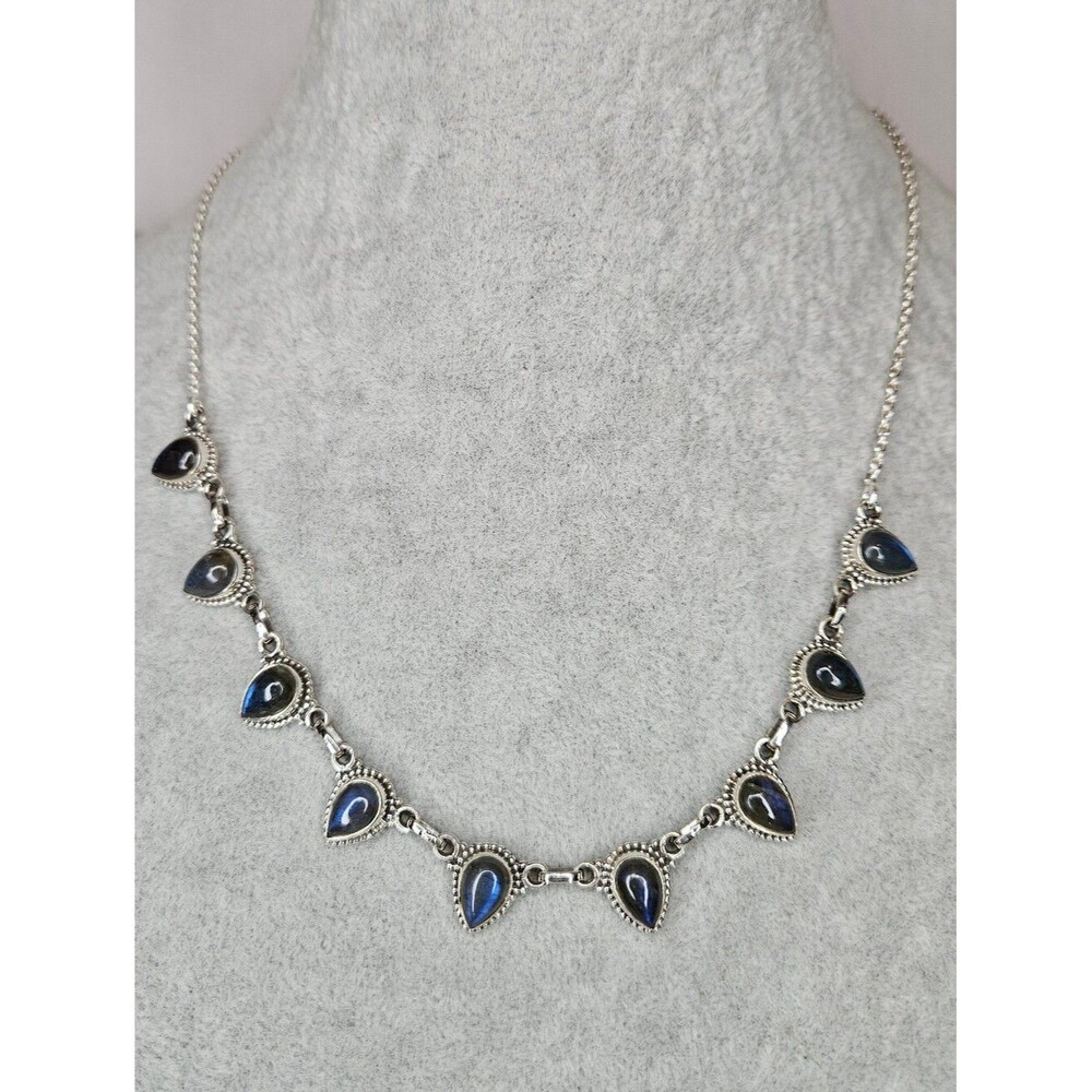 925 Sterling Silver Dainty Natural Labradorite Teardrop Fringe Necklace NWT